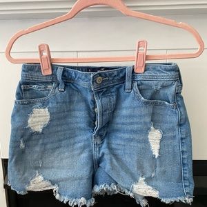 dark denim distressed high waisted shorts